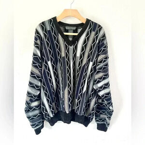 Tundra Vintage Black & Gray Striped 3D Knit V- Neck Grandpa Sweater Size Large